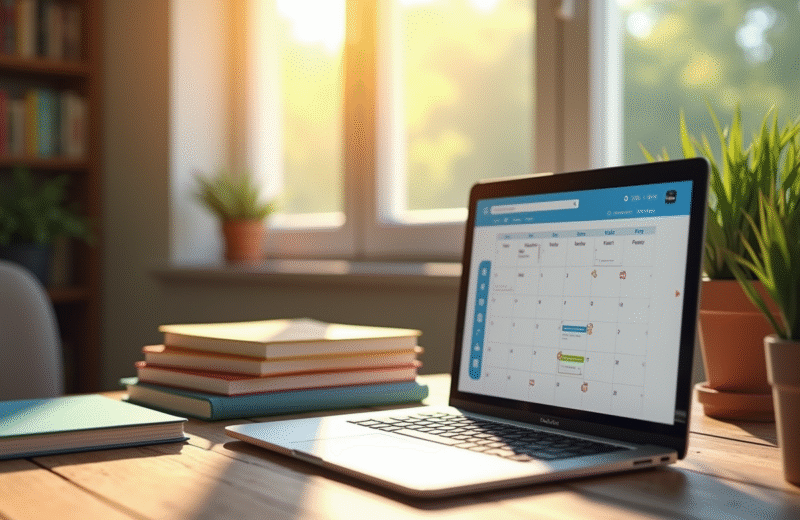 Espace étudiant avec ordinateur et calendrier organisé