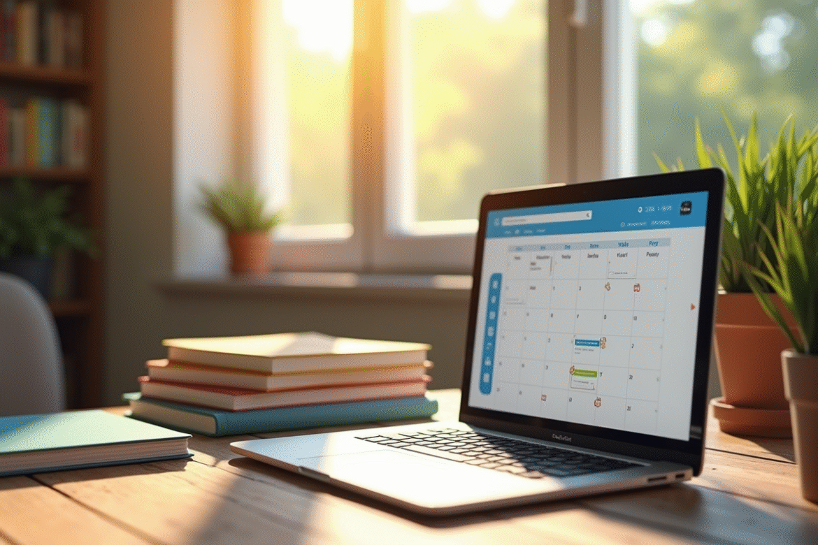 Espace étudiant avec ordinateur et calendrier organisé