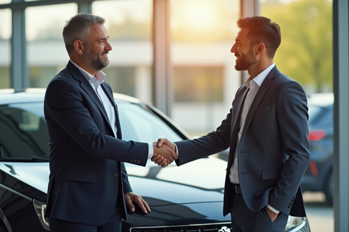 Acheteur confiant serrant la main du vendeur devant une Peugeot 408