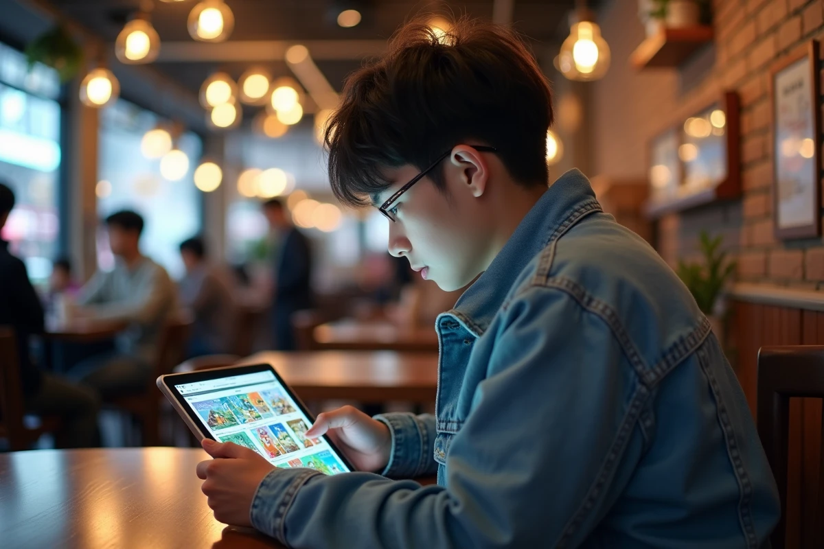 Adolescent sud-coréen regardant webtoon sur tablette dans café