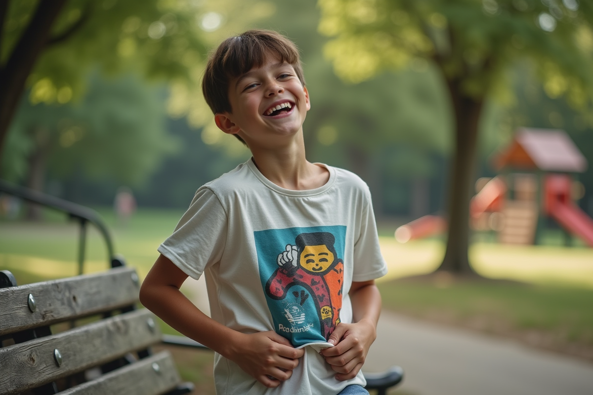 Adolescent vérifiant un t-shirt coloré dans un parc en plein air