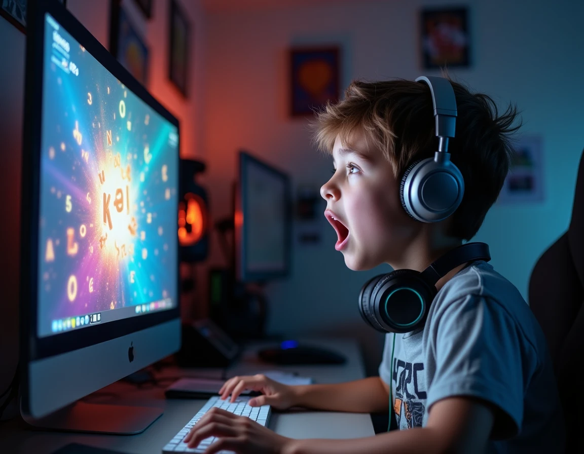Adolescent réagissant avec enthousiasme devant un jeu de bombe de mots sur écran d'ordinateur dans sa chambre
