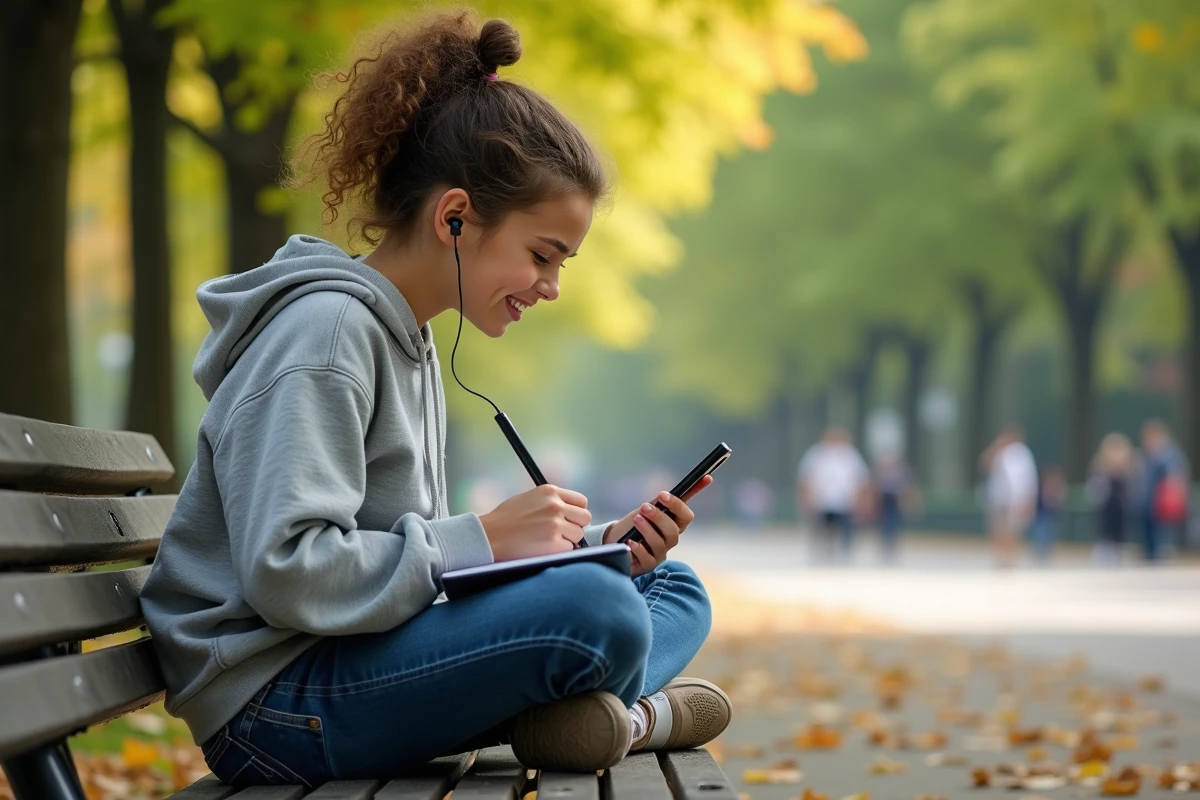 Adolescente écrit des paroles françaises dans un parc en été