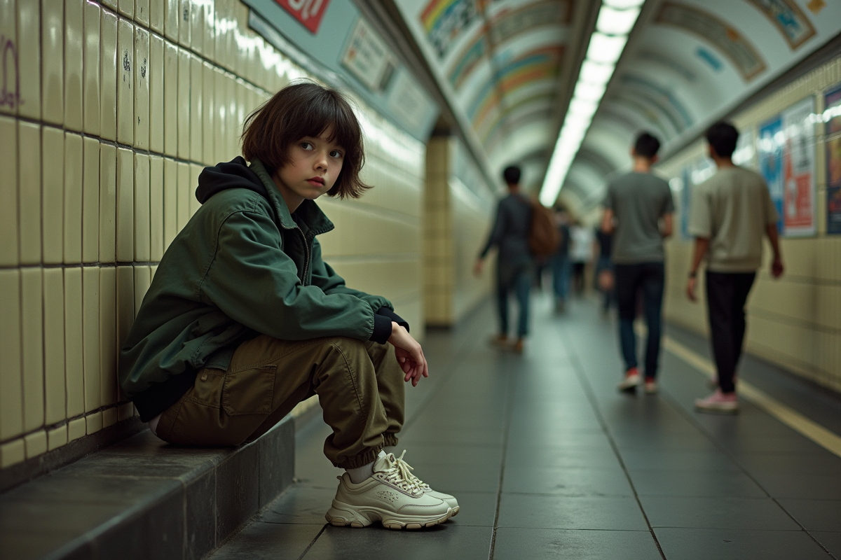 Jeune fille assise dans une station de métro animée