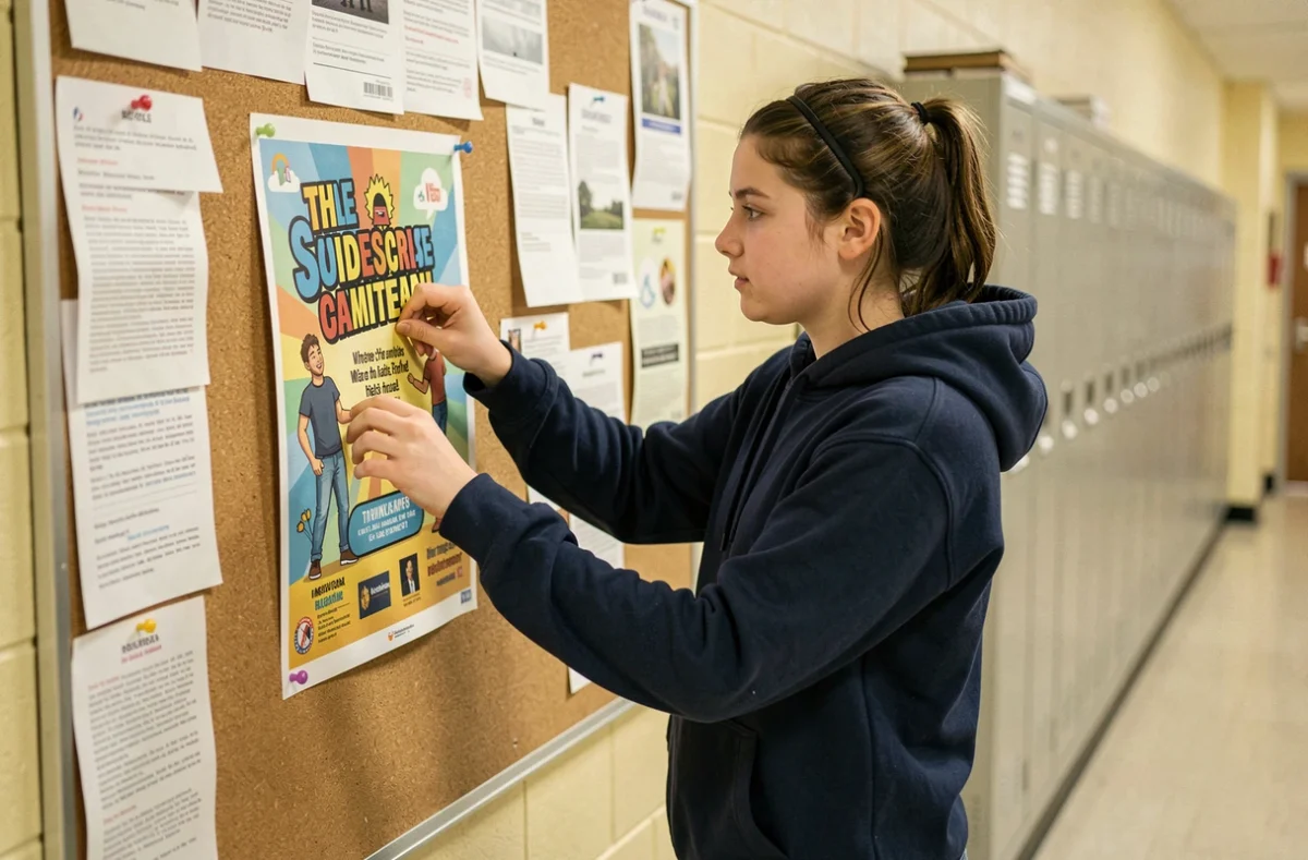 Élève de collège accrochant une affiche de campagne élection délégué de classe dans un couloir scolaire