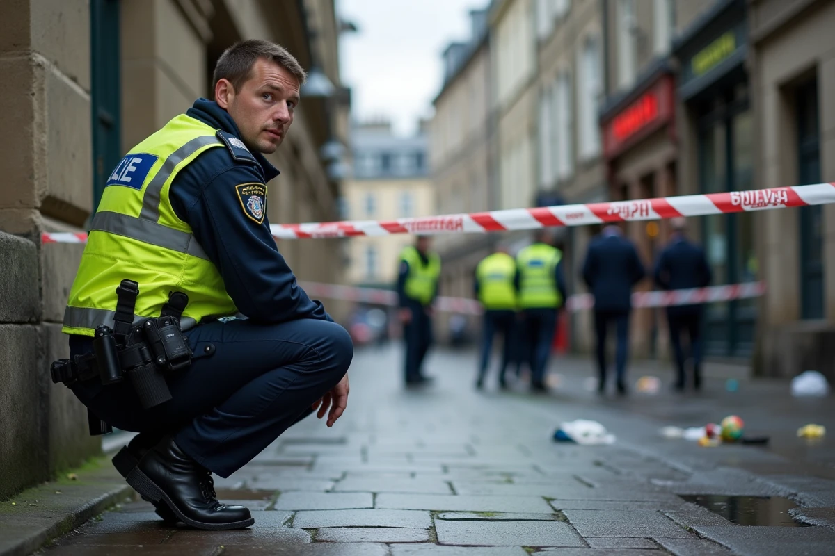 Agent de secours en veston réfléchissant près d une scène à Caen