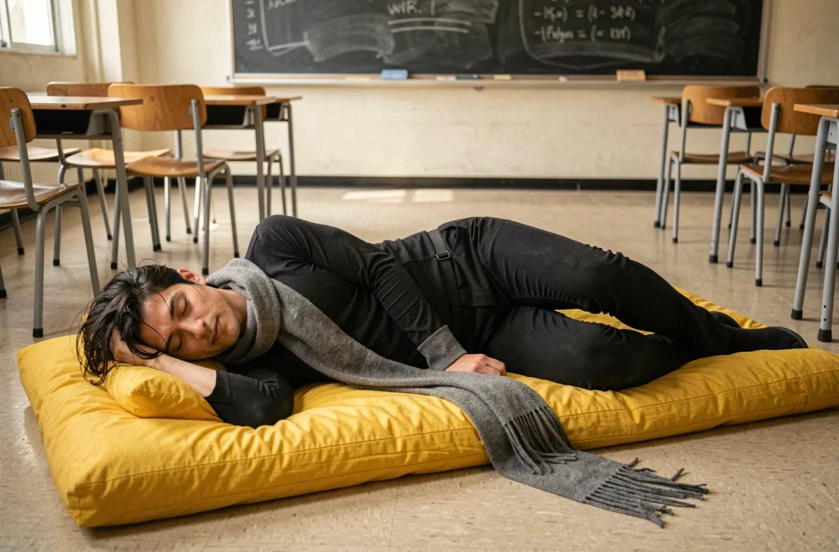 Cosplayer d'Aizawa de My Hero Academia allongé dans son sac de couchage jaune sur le sol d'une salle de classe