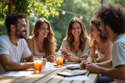 Groupe d'amis souriants utilisant une app financière en extérieur