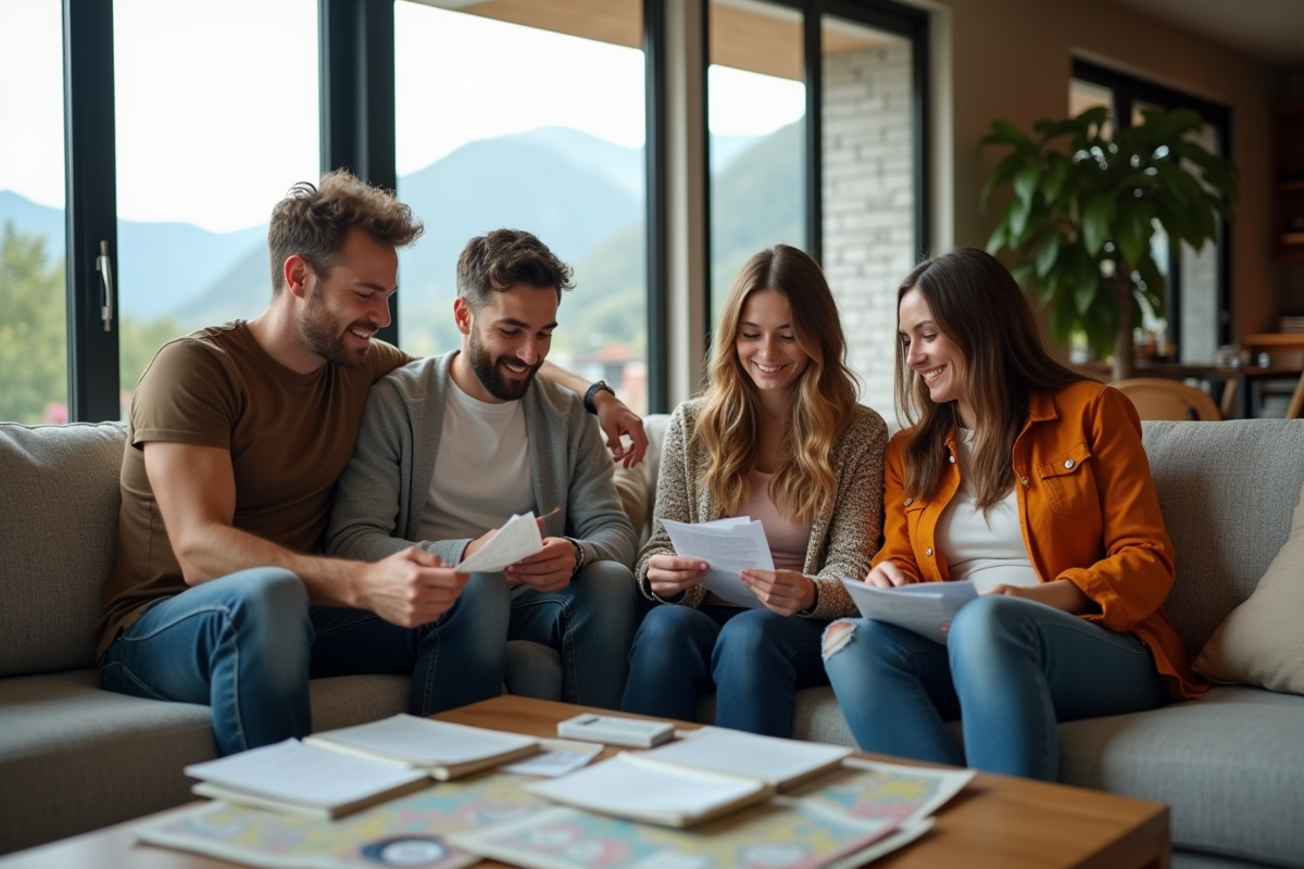 Amis discutant de dépenses dans un salon avec vue montagne