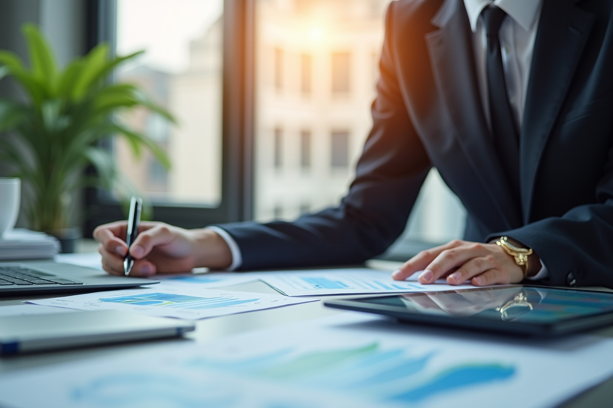Femme d'affaires analysant des graphiques financiers avec logo BCE