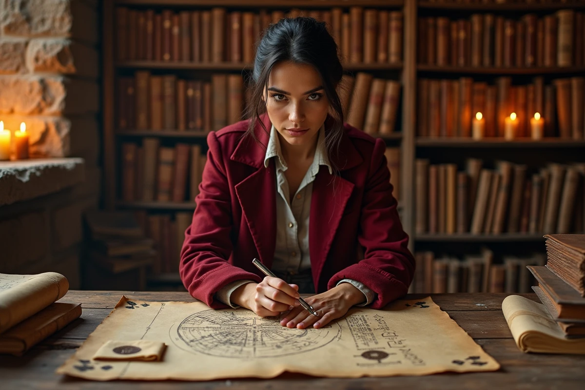 Femme analyste déchiffrant des parchemins anciens et indices secrets dans une archive, référence One Piece 1149