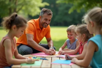 Animateur de centre aéré encadrant une activité manuelle en plein air avec des enfants, illustrant les offres d'emploi dans le secteur de l'animation jeunesse en 2026