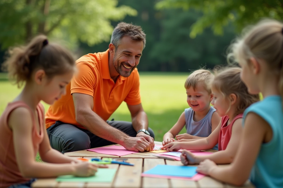 Animateur de centre aéré encadrant une activité manuelle en plein air avec des enfants, illustrant les offres d'emploi dans le secteur de l'animation jeunesse en 2026