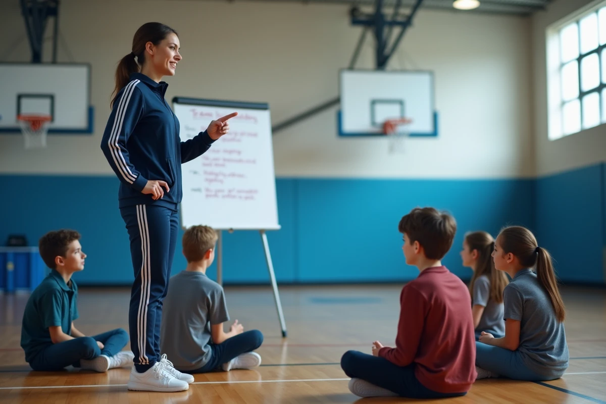 Animatrice sportive présentant un plan d'activité à des adolescents dans un gymnase, secteur de l'animation socio-culturelle recrute en 2026
