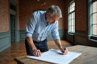 Architecte homme examine plans de renovation intérieure