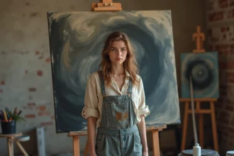 Artiste peintre maîtrisant la technique clair-obscur devant une grande toile abstraite en atelier