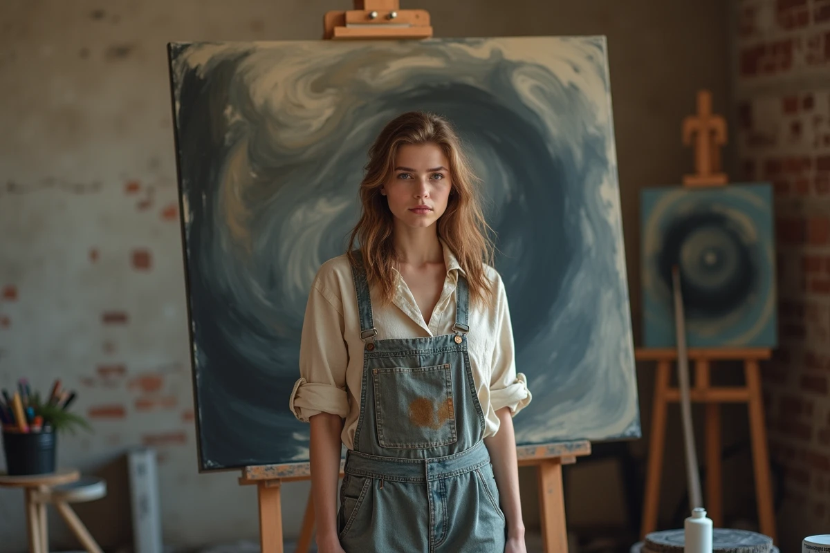 Artiste peintre maîtrisant la technique clair-obscur devant une grande toile abstraite en atelier