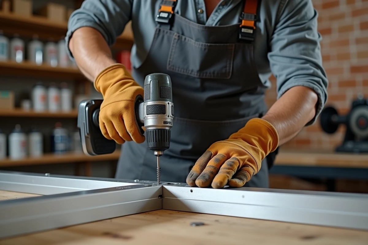 Assemblage de tubes carrés en aluminium par vissage avec perceuse sans fil en atelier