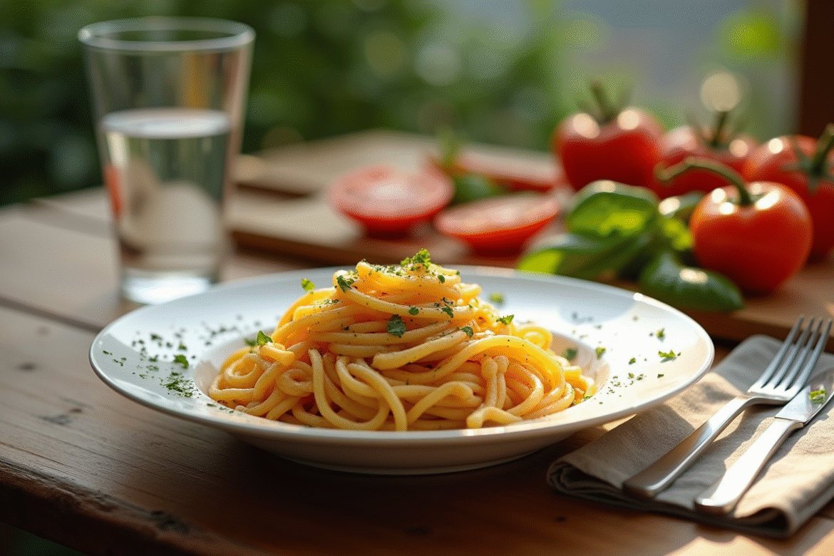 Assiette de pâtes fraîches entourée de légumes et d'eau
