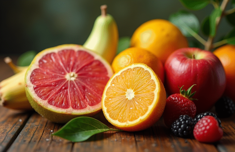 Assortiment de fruits W rares sur table en bois naturel