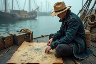 Jeune aventurier étudiant une carte nautique ancienne sur un quai en bois usé, indices cachés One Piece scan 1149