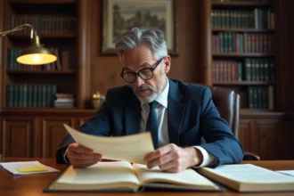 Avocat en costume marine étudiant l'article 544 du Code civil sur le droit de propriété dans son bureau juridique
