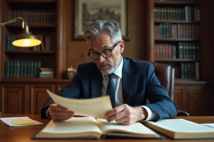 Avocat en costume marine étudiant l'article 544 du Code civil sur le droit de propriété dans son bureau juridique