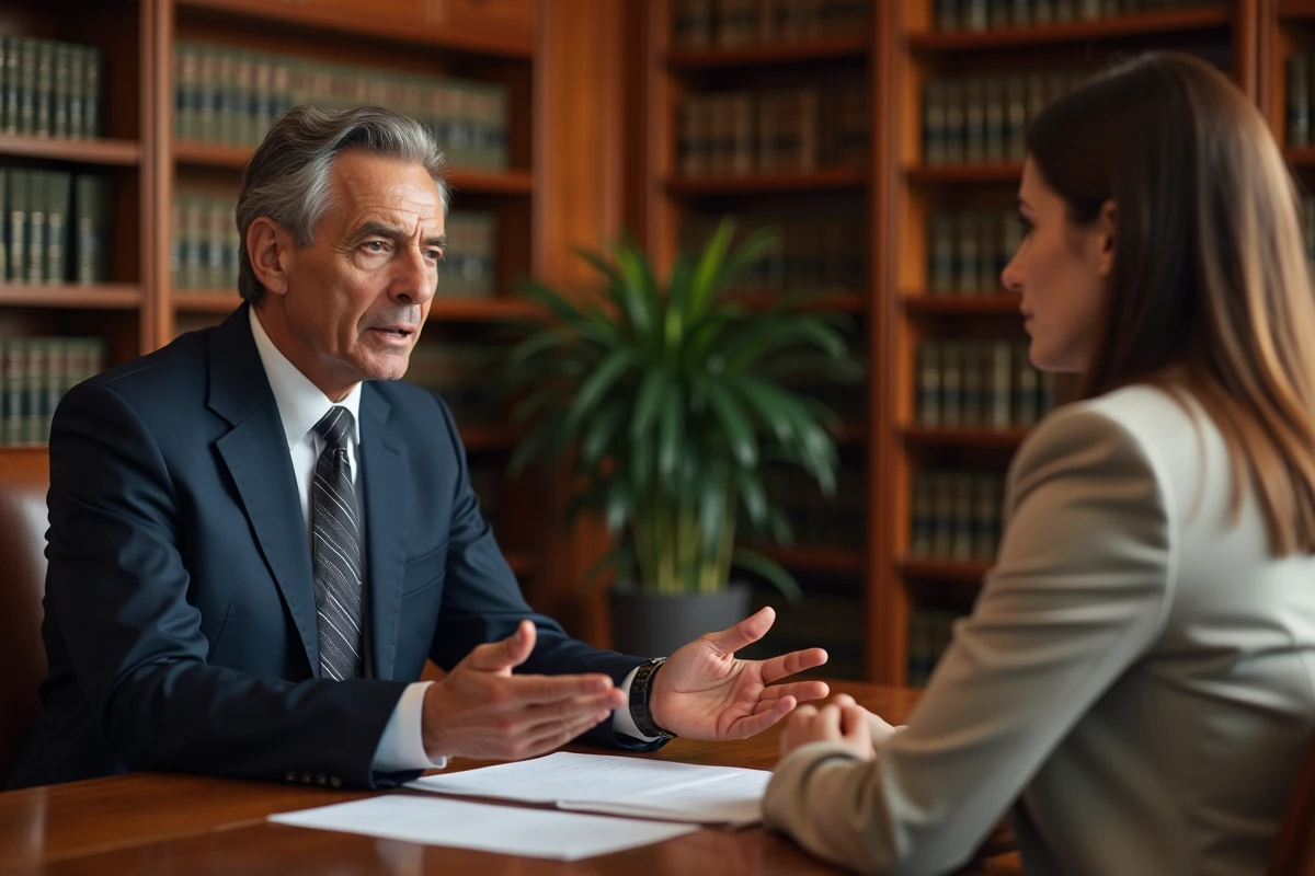 Avocat expliquant la décision de débouté à une cliente dans un cabinet juridique professionnel