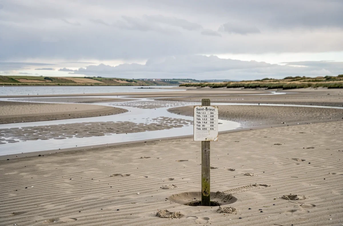 Vue grand angle de la baie de Saint-Brieuc à mi-marée avec repère de marée et bancs de sable découverts