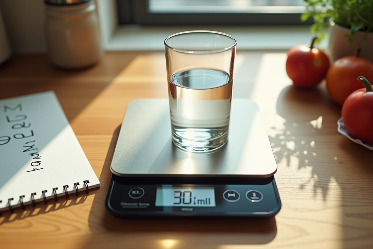 Balance de cuisine avec eau sur plan de travail moderne