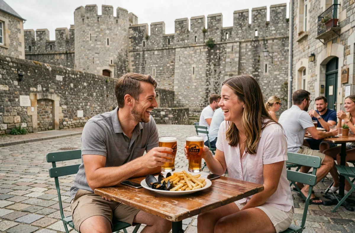 Terrasse animée d'un bar à Concarneau avec vue sur les remparts de la Ville Close et deux amis dégustant bière et moules-frites