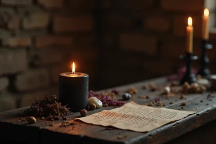 Bougie noire allumée sur un autel rituel en bois avec herbes séchées et cristaux symbolisant la spiritualité ésotérique
