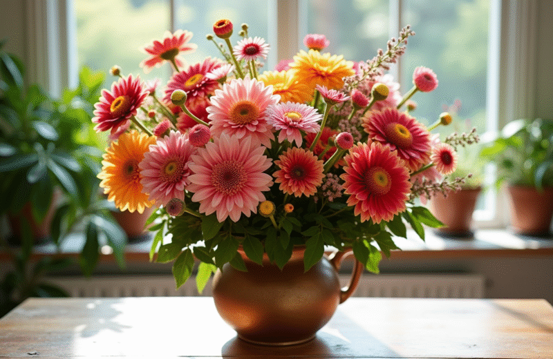 Bouquet coloré de dahlias et daphne dans un vase rustique