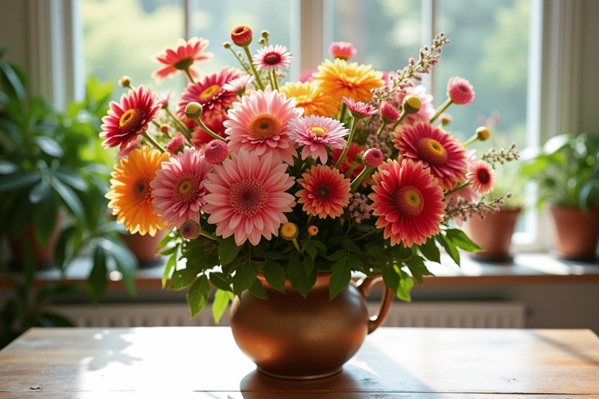 Bouquet coloré de dahlias et daphne dans un vase rustique