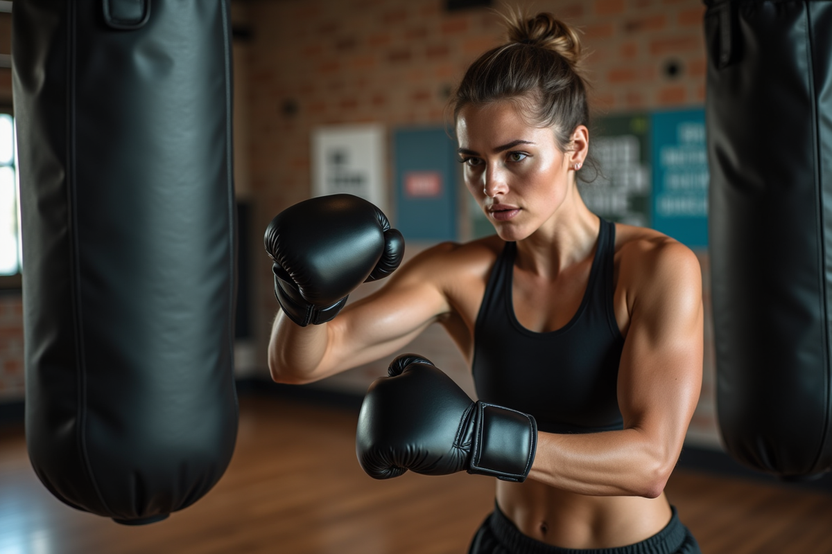 Jeune femme en boxe urbaine en salle gym