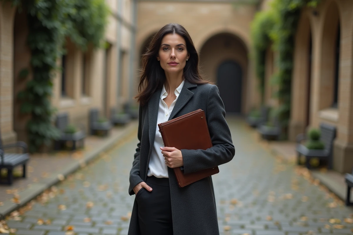 Femme française diplômée en manteau gris debout dans une cour universitaire historique en pierre