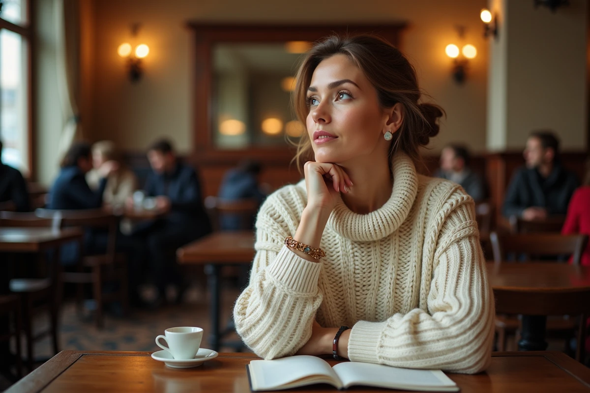 Femme française pensive en pull crème assise dans une brasserie parisienne avec carnet et café