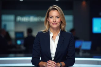 Journaliste française en blazer marine assise à un bureau de présentateur télé dans un studio professionnel