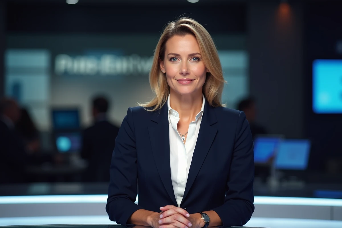 Journaliste française en blazer marine assise à un bureau de présentateur télé dans un studio professionnel