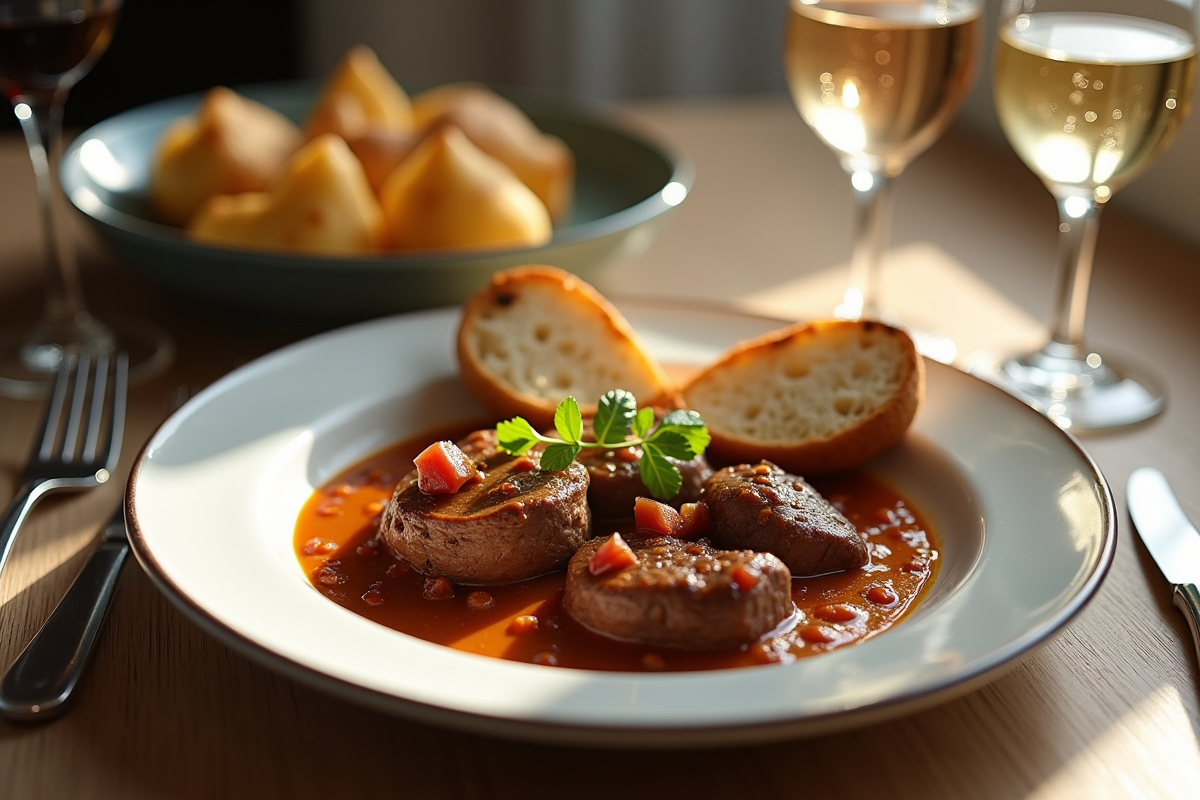 Carbonade de boeuf avec pain et trois verres de vin en gros plan
