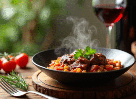 Bol de carbonade de boeuf garnie de persil frais avec vin rouge