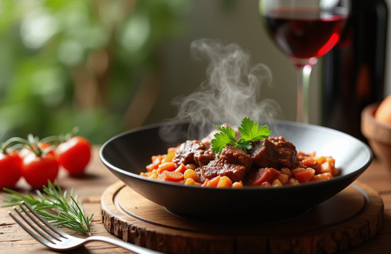 Bol de carbonade de boeuf garnie de persil frais avec vin rouge