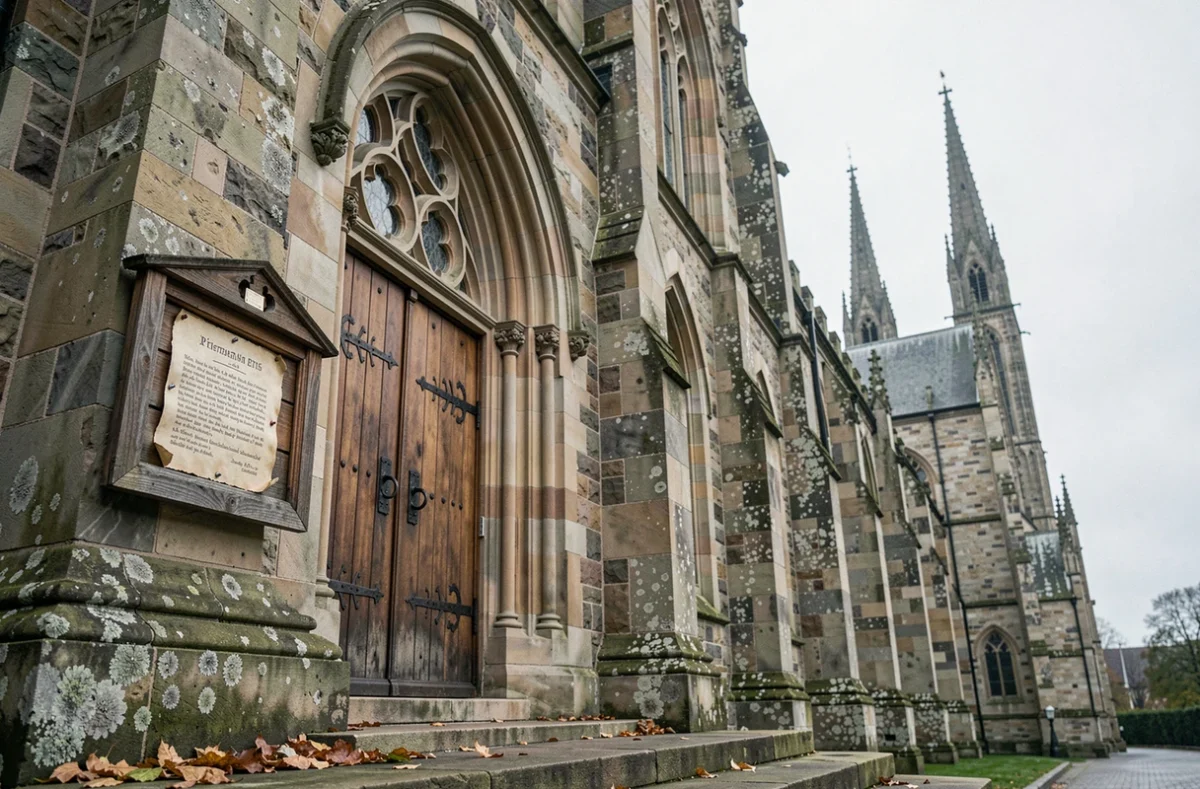 Façade gothique d'une cathédrale anglaise en pierre avec une affiche de proclamation royale fixée sur la porte en chêne