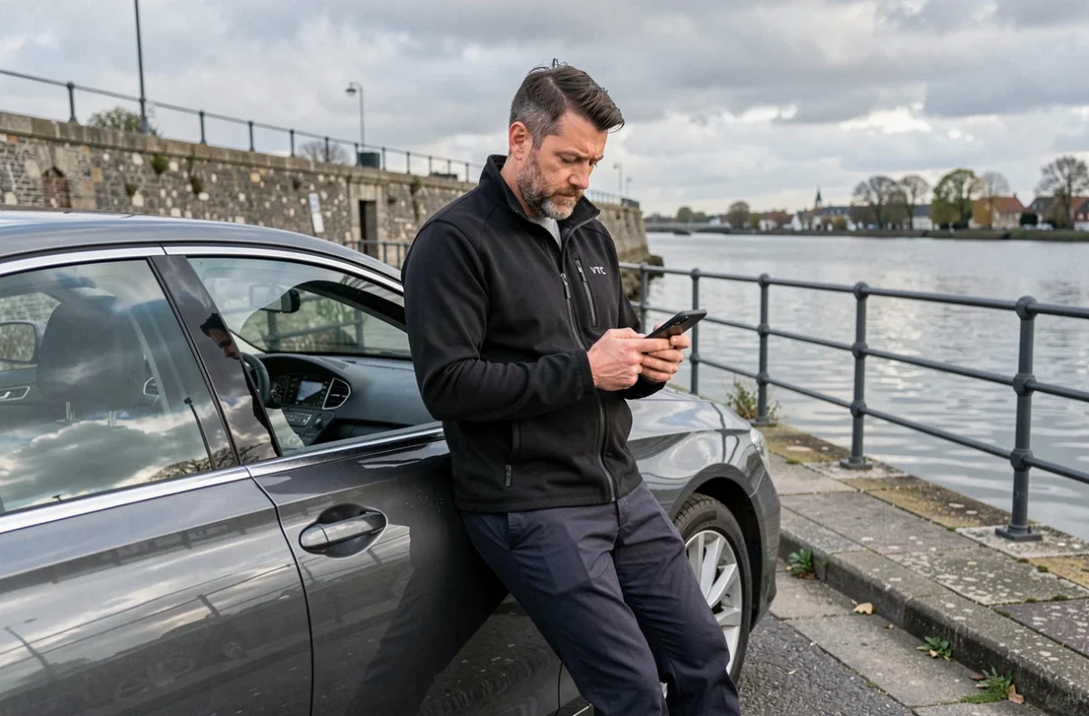 Chauffeur Celsof VTC Rouen appuyé sur une berline grise au bord de la Seine avec son smartphone