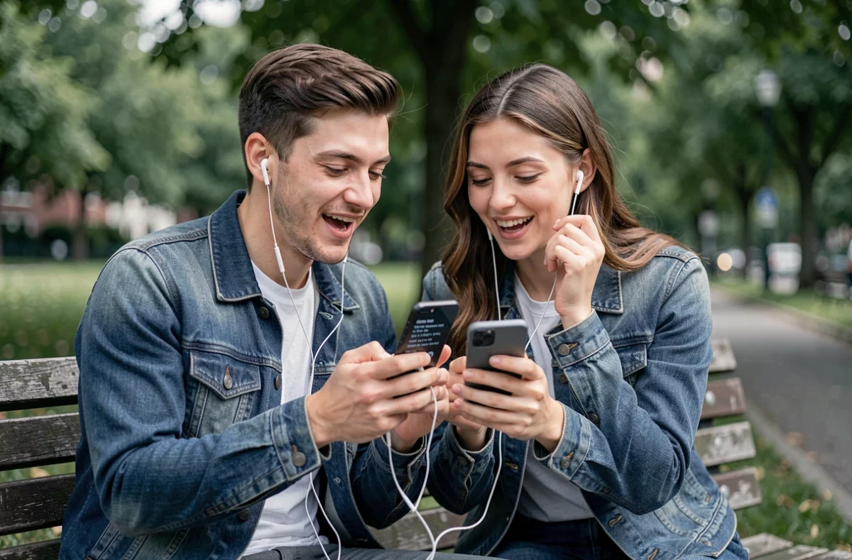 Deux amis chantant ensemble les paroles de Gang Paradise sur un banc de parc en partageant des écouteurs