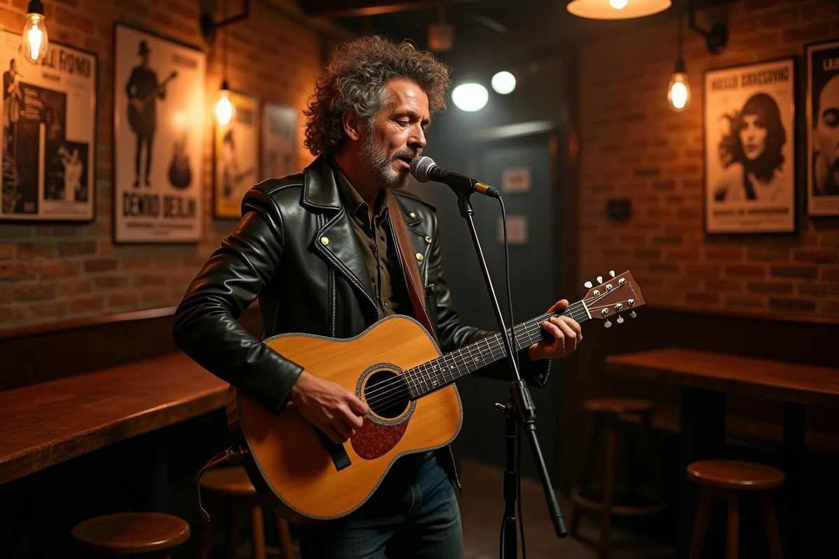 Chanteur français avec guitare acoustique sur scène dans un bar parisien, ambiance concert intimiste