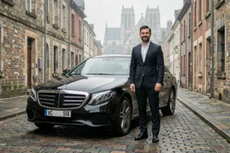 Chauffeur VTC professionnel en costume sombre devant une berline noire sur les pavés de Rouen avec la cathédrale en arrière-plan