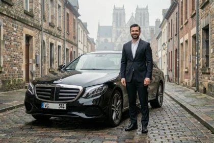Chauffeur VTC professionnel en costume sombre devant une berline noire sur les pavés de Rouen avec la cathédrale en arrière-plan