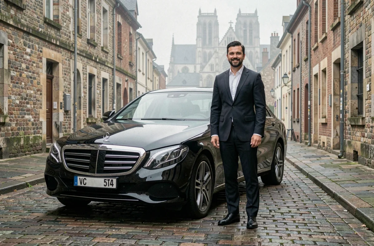 Chauffeur VTC professionnel en costume sombre devant une berline noire sur les pavés de Rouen avec la cathédrale en arrière-plan