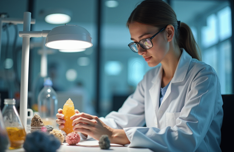 Jeune professionnelle examinant des minéraux dans un laboratoire